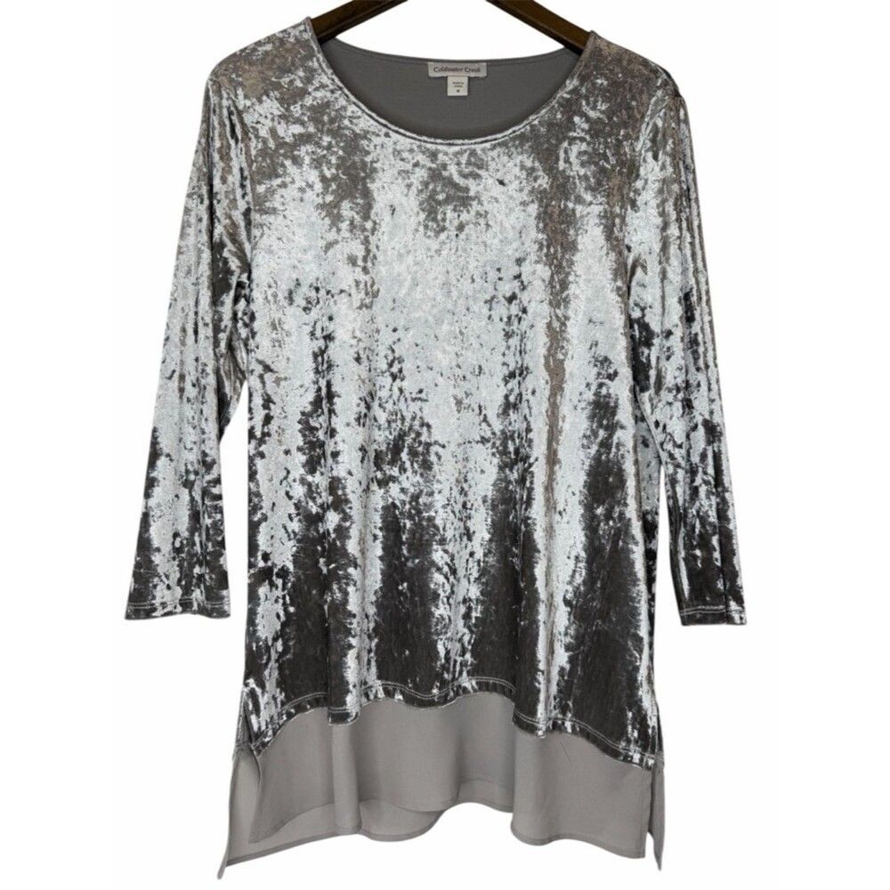 Coldwater Creek Velvet Pullover Tunic Top size Medium Silver Gray 3/4 Sleeve